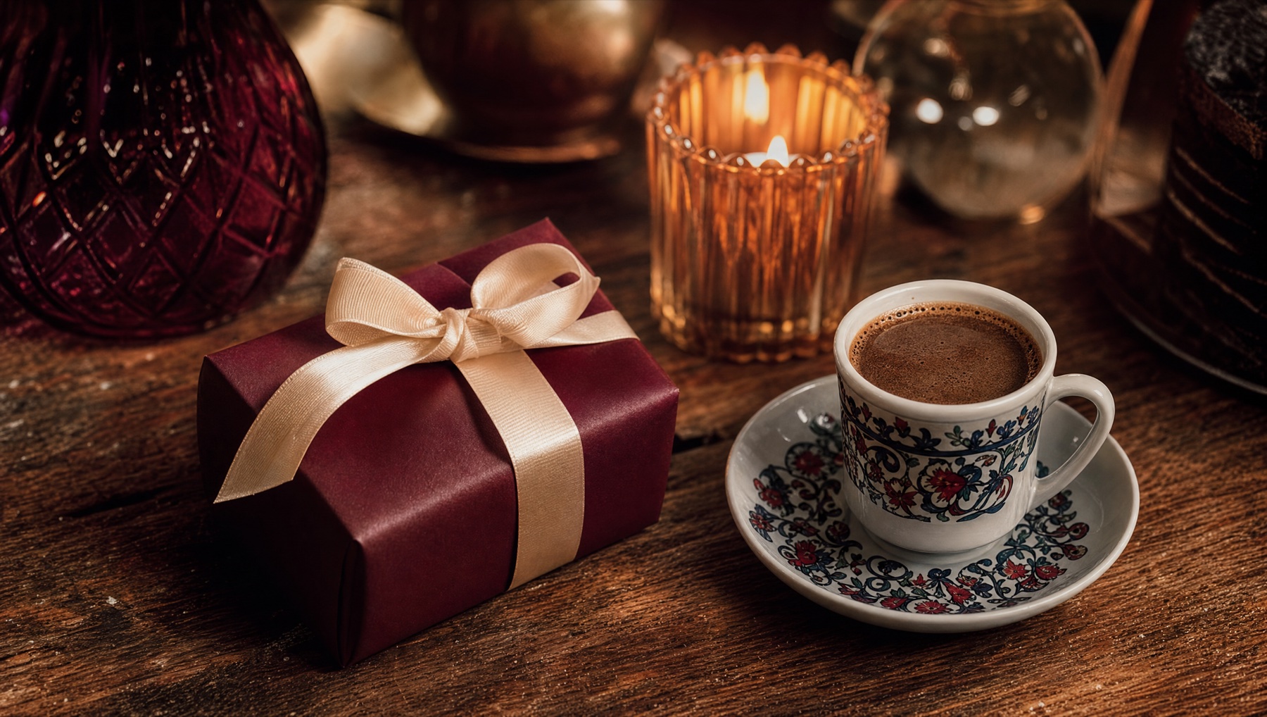 Cadeautje met lint naast een kopje Turkse koffie en een brandende kaars