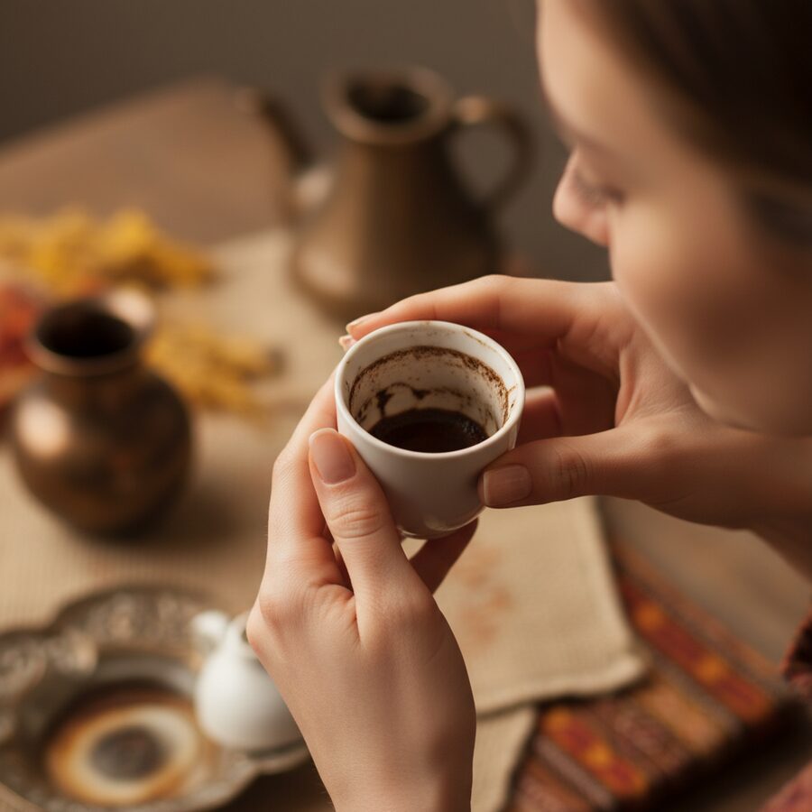 Handen die een Turks koffiekopje kantelen om het koffiedik te lezen