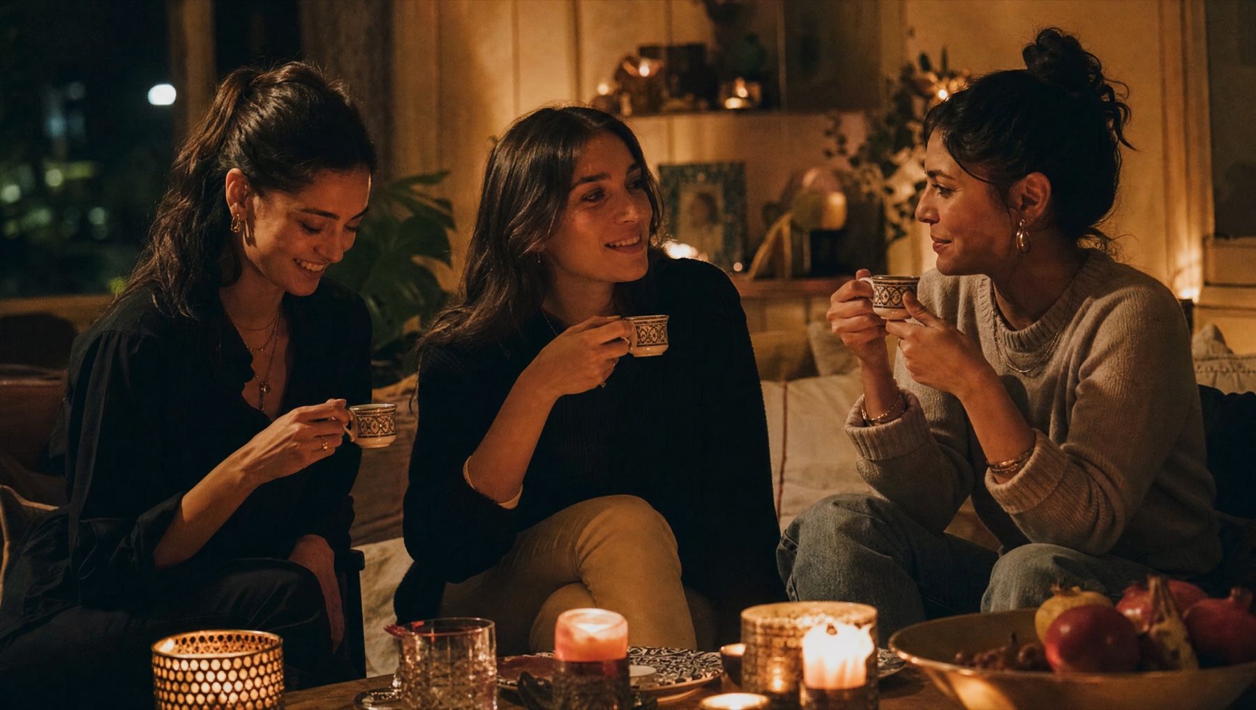 Drie vriendinnen drinken samen koffie bij kaarslicht